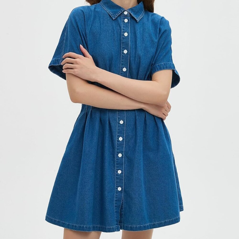 Women's Denim Dress V-Neck Slim Fit Mini A-Line Casual Summer - Picture 4 of 6